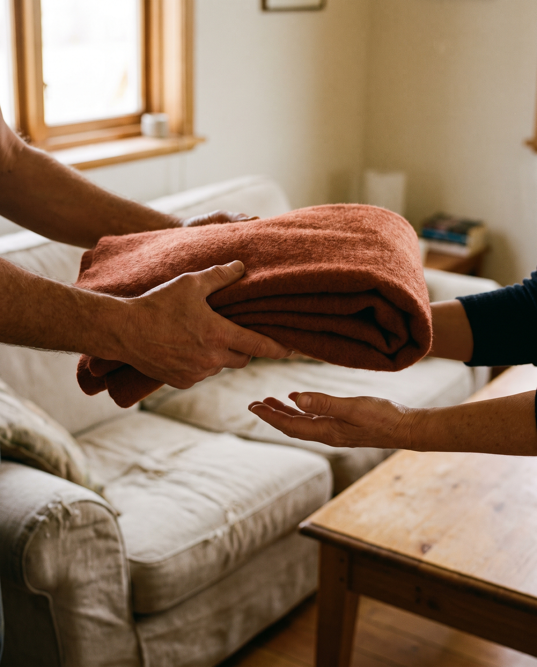Two pairs of hands passing a folded throw as a gift