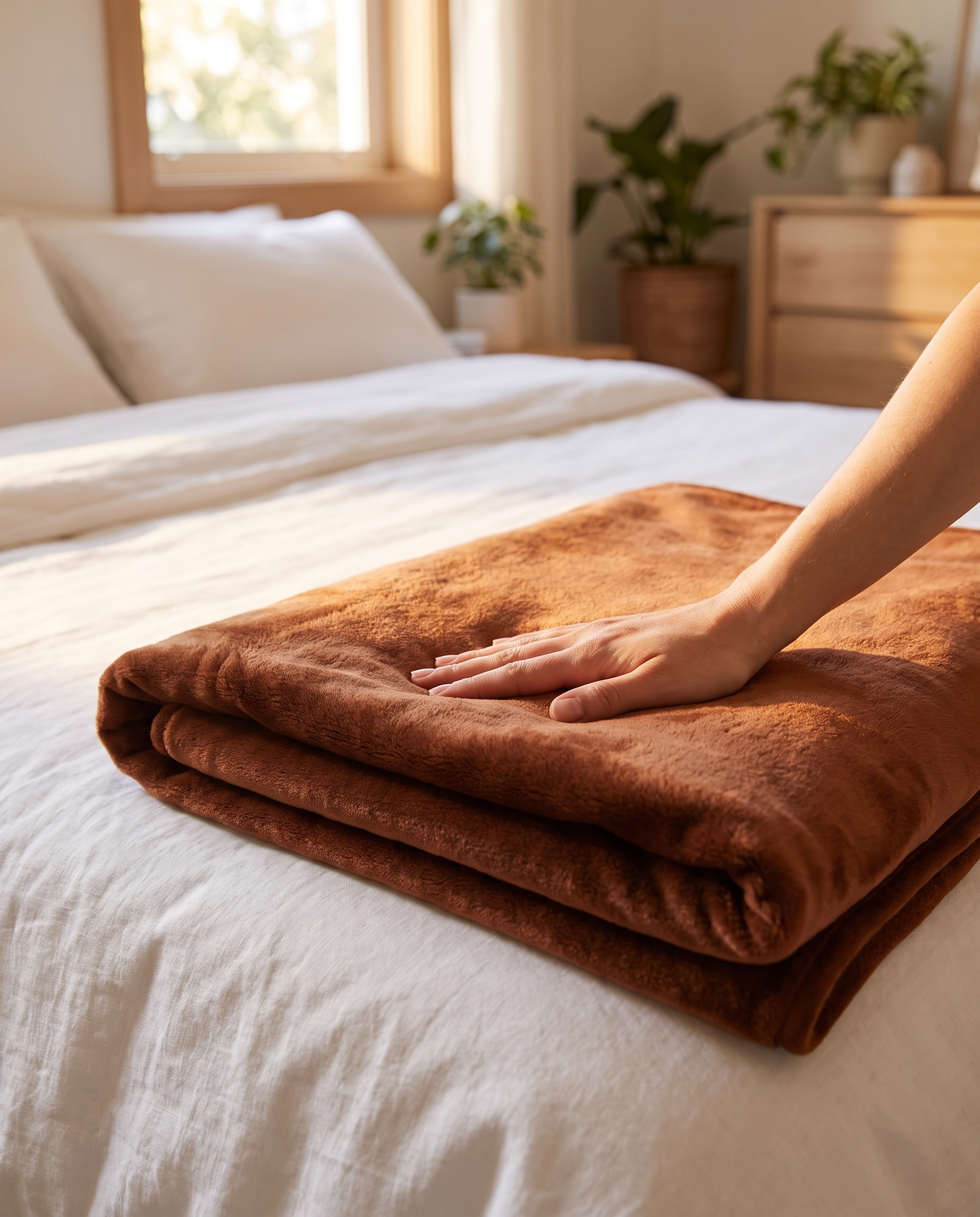 A hand resting on a folded rust-coloured throw at the end of a made bed