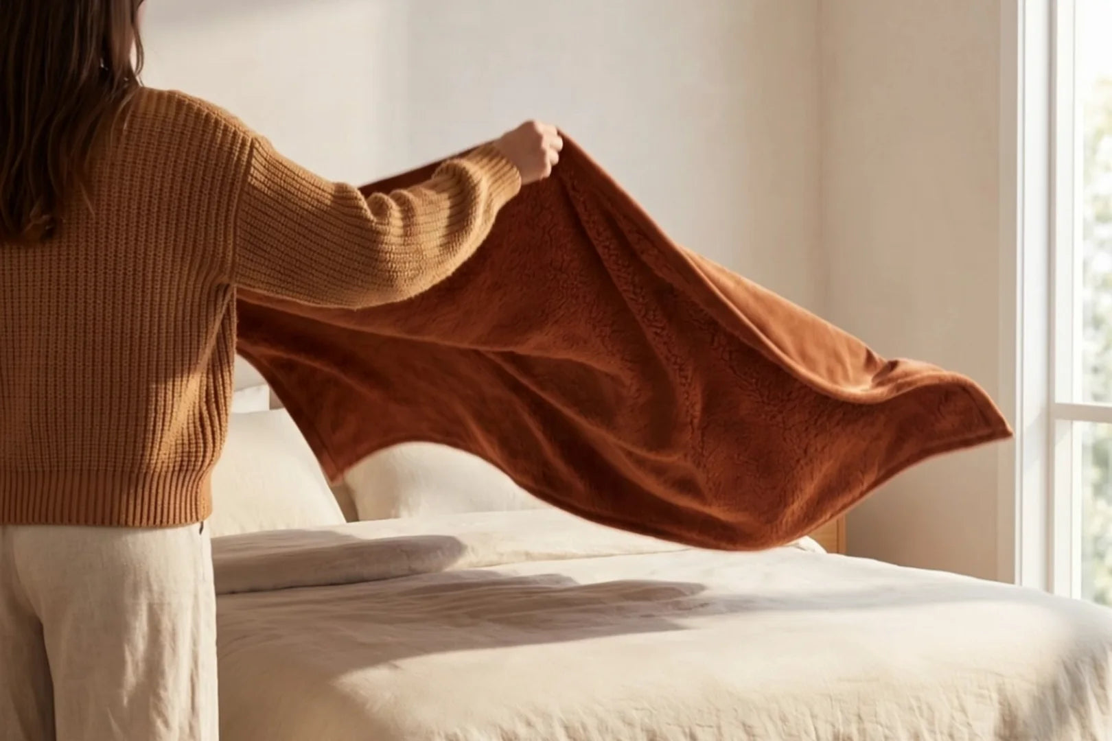 A woman shaking the Night Three throw out across a made bed in morning light