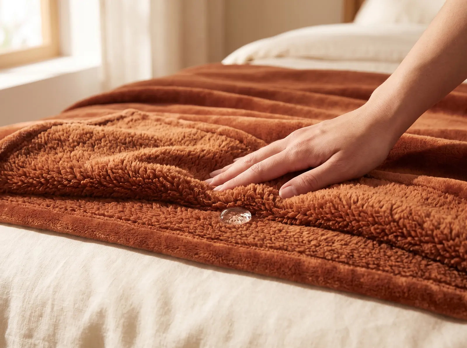 A hand pressing into the deep sherpa pile of the Night Three throw, a drop of water beading on the surface